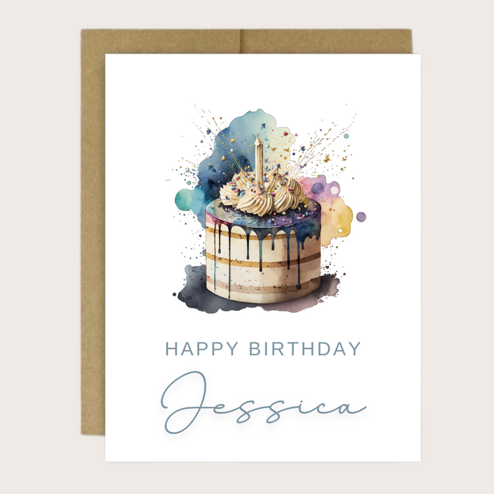 A personalized greeting card with a watercolor birthday cake.