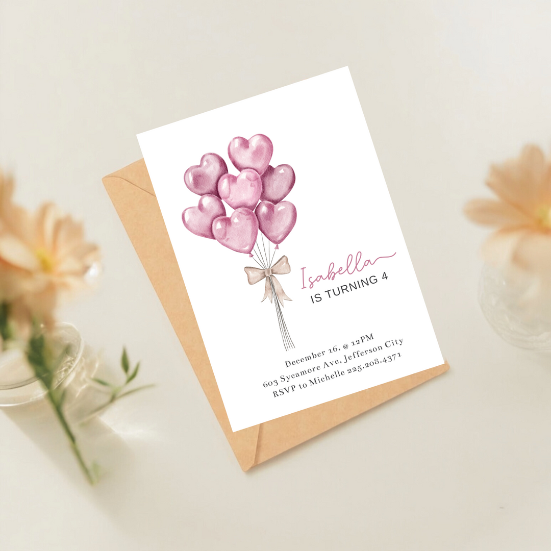 PINK HEART BALLOONS INVITATION