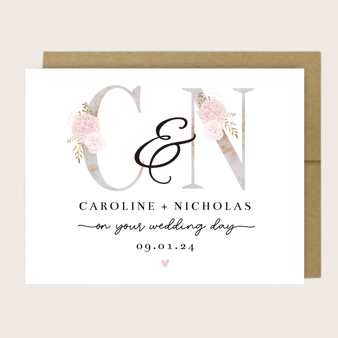 PINK FLORAL INITIAL WEDDING CARD