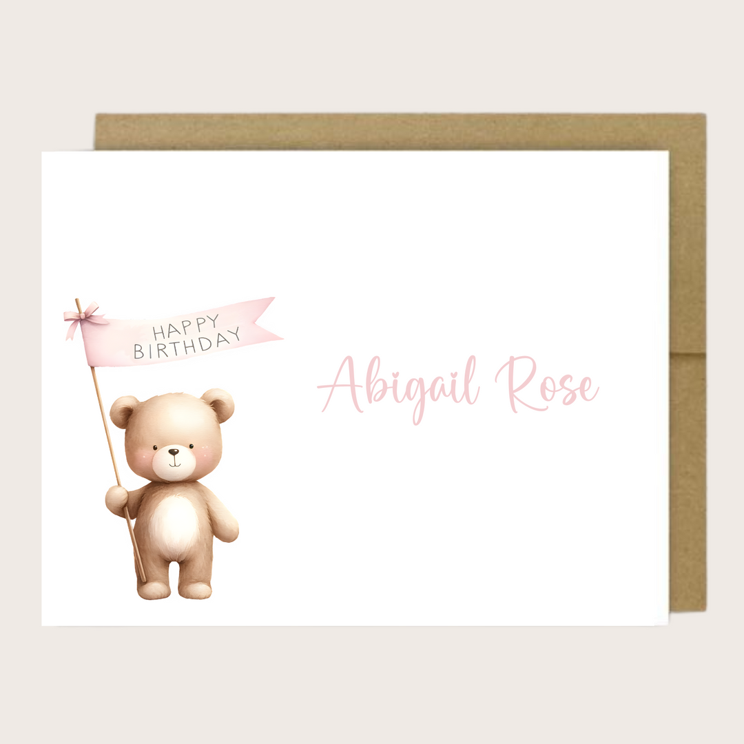 Greeting card with teddy bear holding a pink "Happy Birthday" sign and personalized name