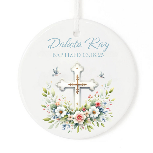 BAPTISM FLORAL CROSS  ORNAMENT