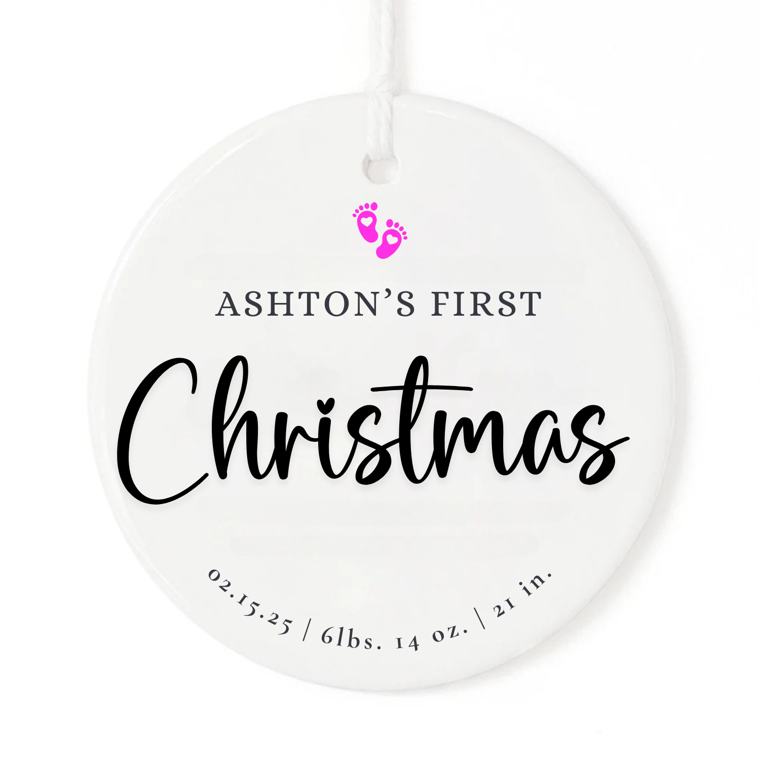 A white Christmas ornament keepsake with personalized baby name and birth stats. The ornament has baby feet you choose the color.