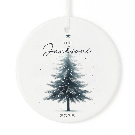 Christmas Ornament with Watercolor Christmas Tree Personalized with a Family Name