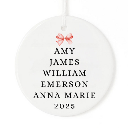 Christmas ornament with personalized family names in the shape of a Christmas tree.