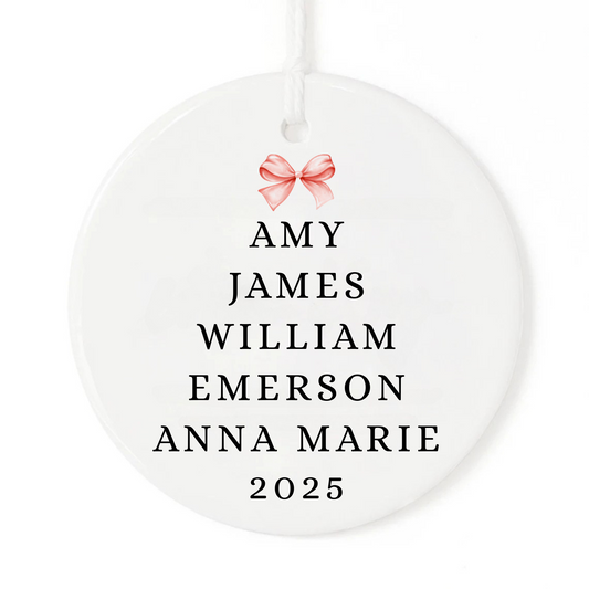 Christmas ornament with personalized family names in the shape of a Christmas tree.