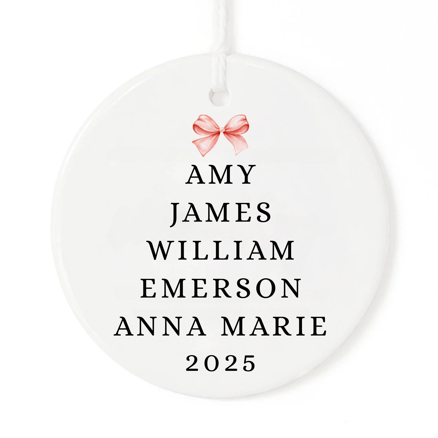 Christmas ornament with personalized family names in the shape of a Christmas tree.