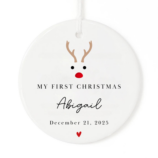 My First Christmas Ornament with reindeer, personalized name and date.
