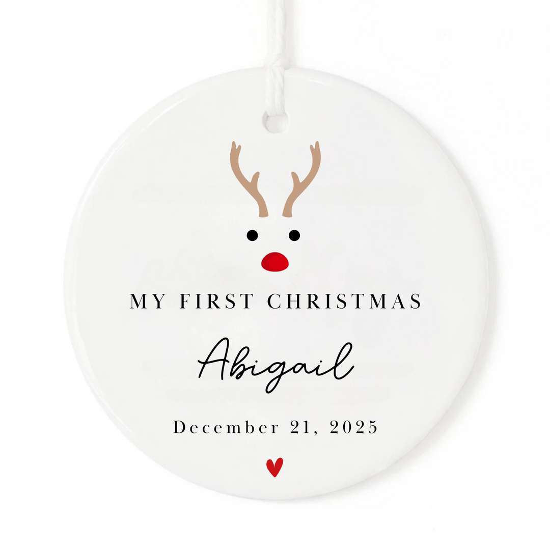 My First Christmas Ornament with reindeer, personalized name and date.