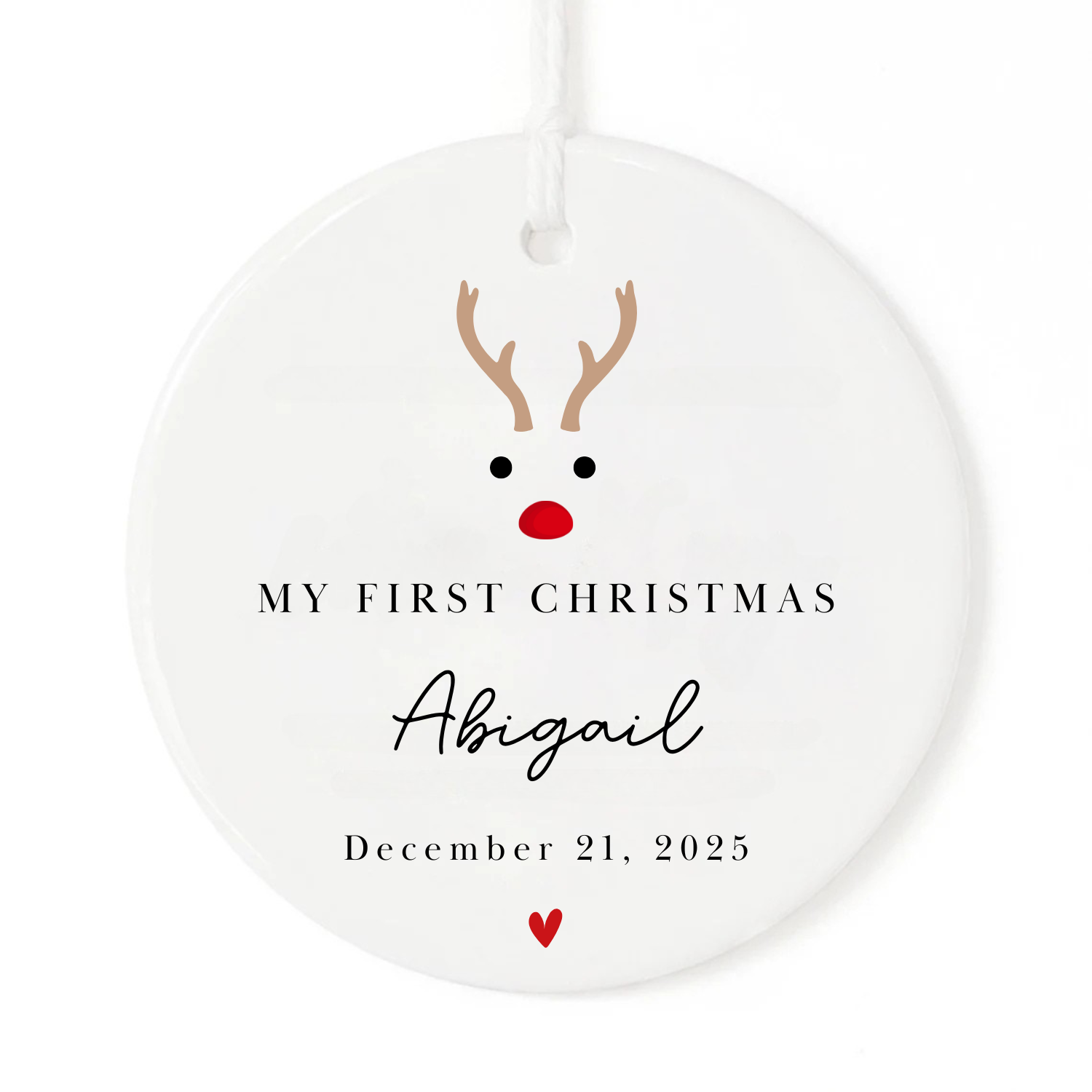 My First Christmas Ornament with reindeer, personalized name and date.