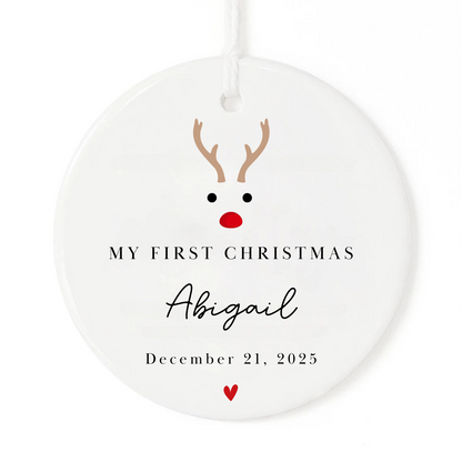 My First Christmas Ornament with reindeer, personalized name and date.