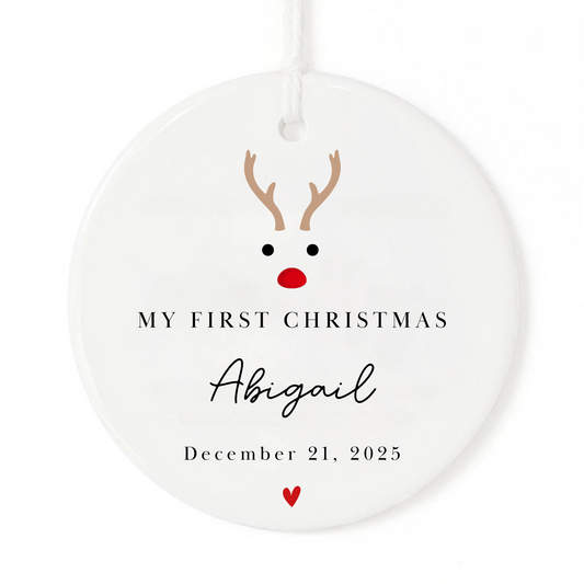 My First Christmas Ornament with reindeer, personalized name and date.