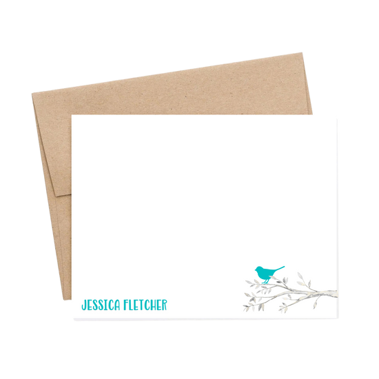 Personalized bird on branch note cards
