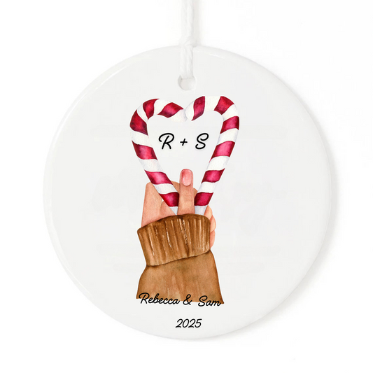 Christmas Ornament with Candy Cane Personalized with Couple's Names.