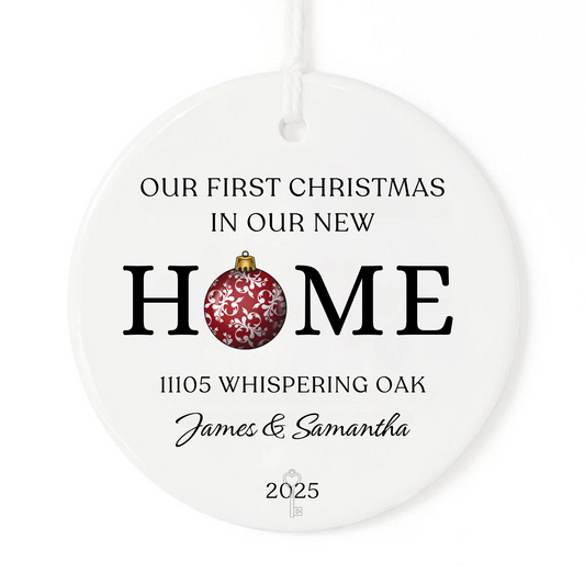 White Christmas ornament with our new home, address, personalized names and a date.