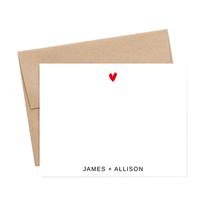 Personalized note cards with a couple's name and a red heart that can be any color.