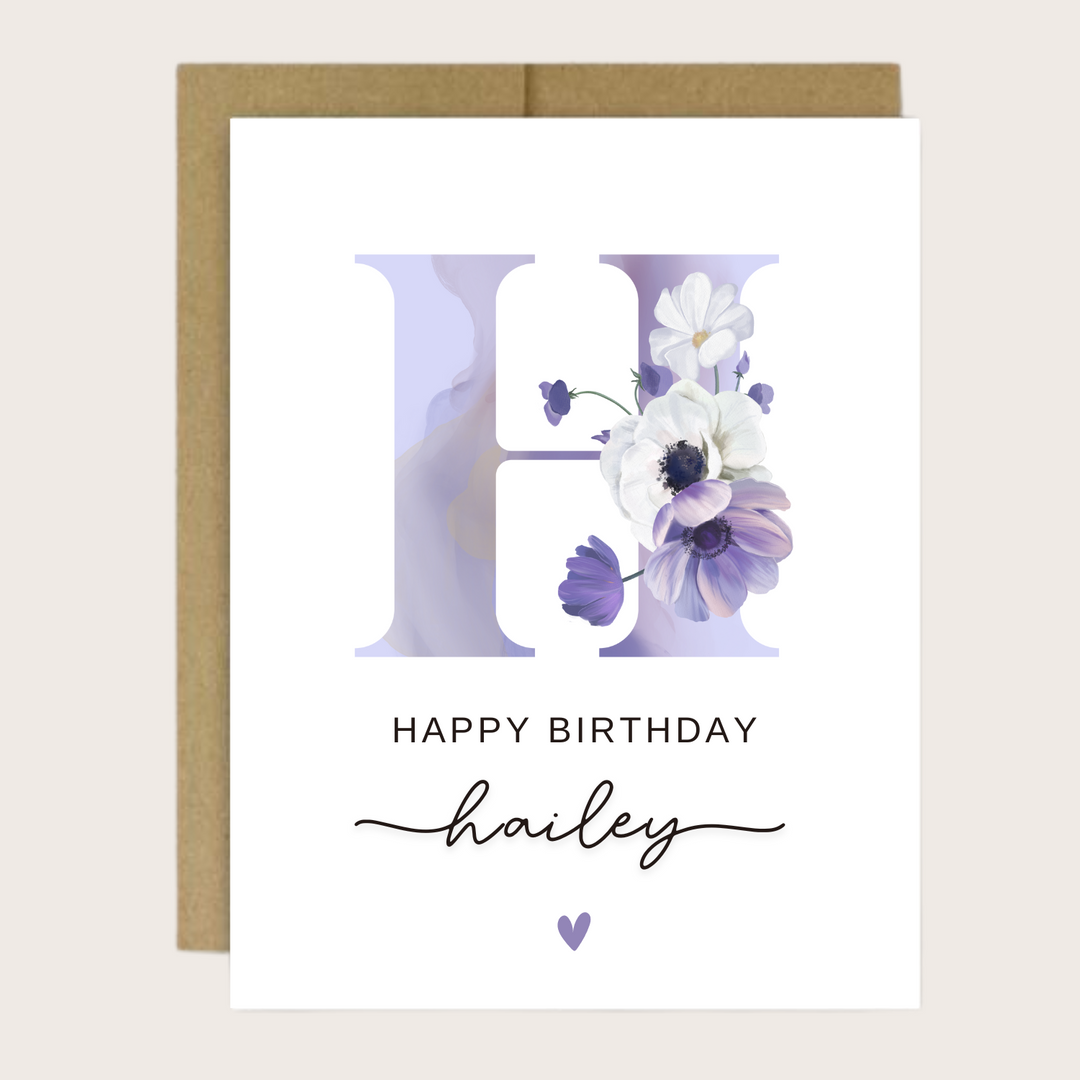 Personalized greeting card with a purple floral initial H and personalized sentiment.