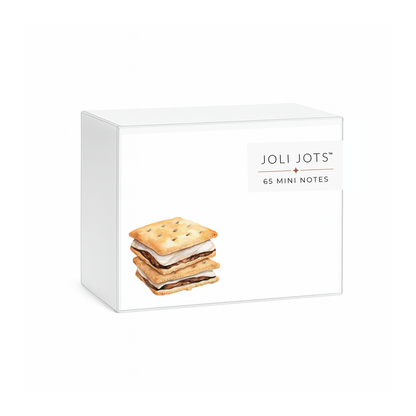 Joli Jots mini notes packaging with a stack of S'mores on a white background