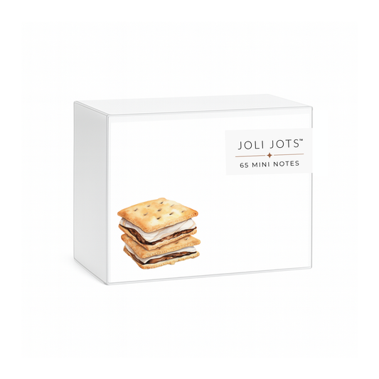 Joli Jots mini notes packaging with a stack of S'mores on a white background