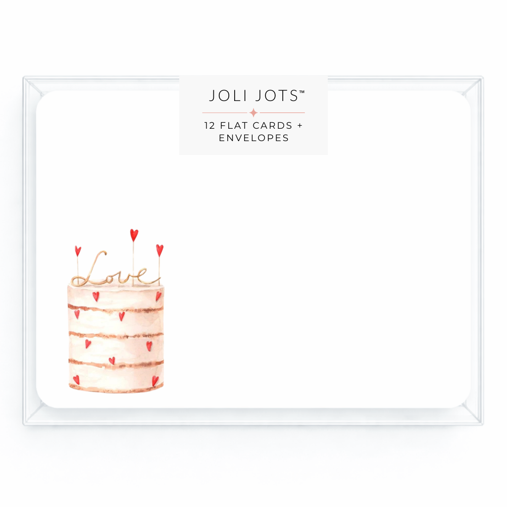 Joli Jots card with a cake illustration and 'Love' text on a white background