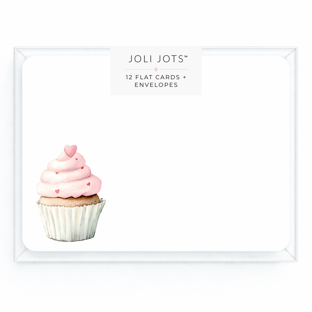 Product packaging for Joli Jots flat cards and envelopes featuring a pink cupcake illustration.