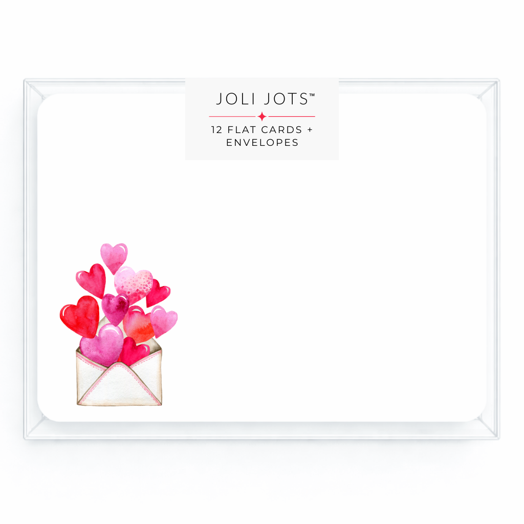 Joli Jots card set with hearts and an envelope illustration on a white background