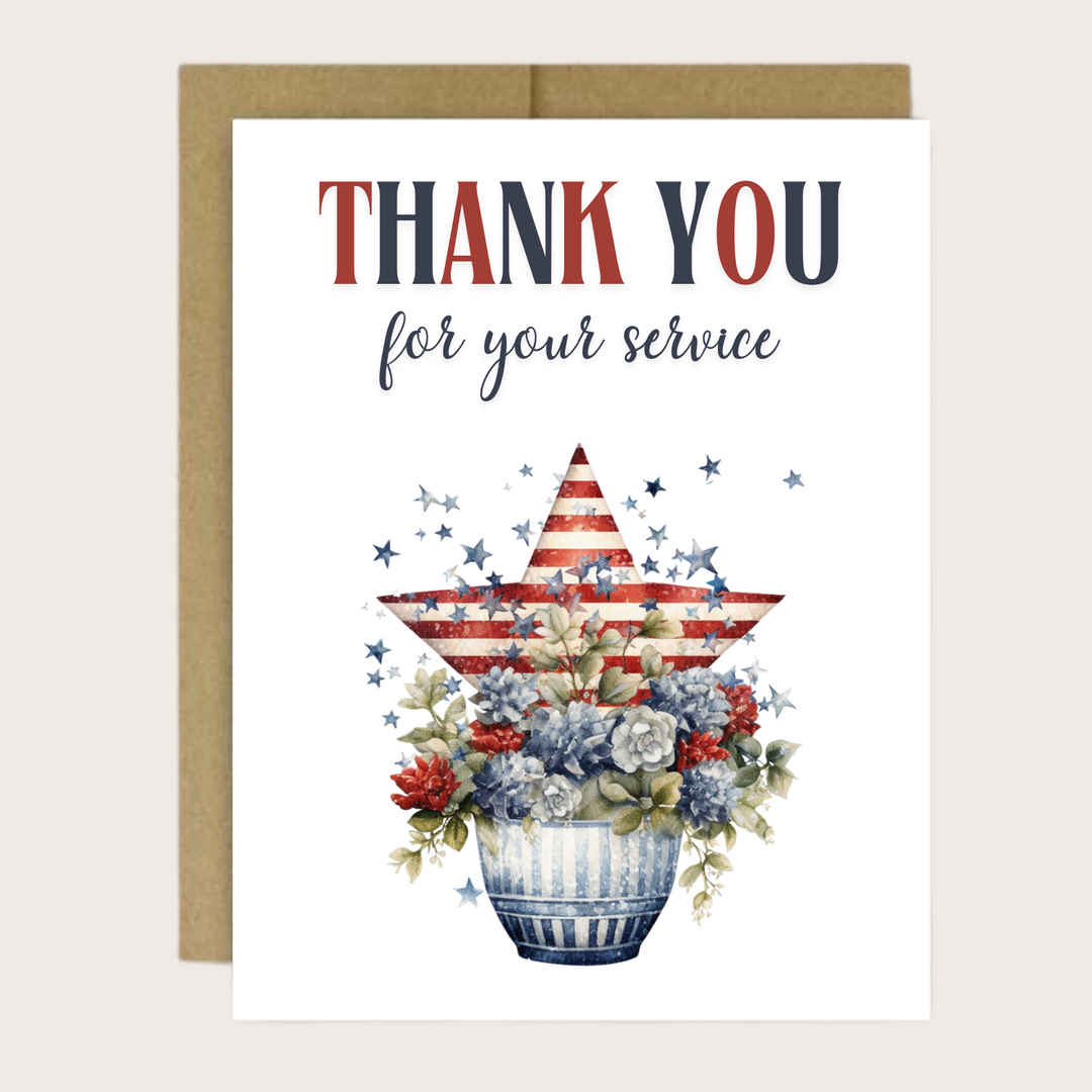 A red, white and blue patriotic thank you for your service veterans card.