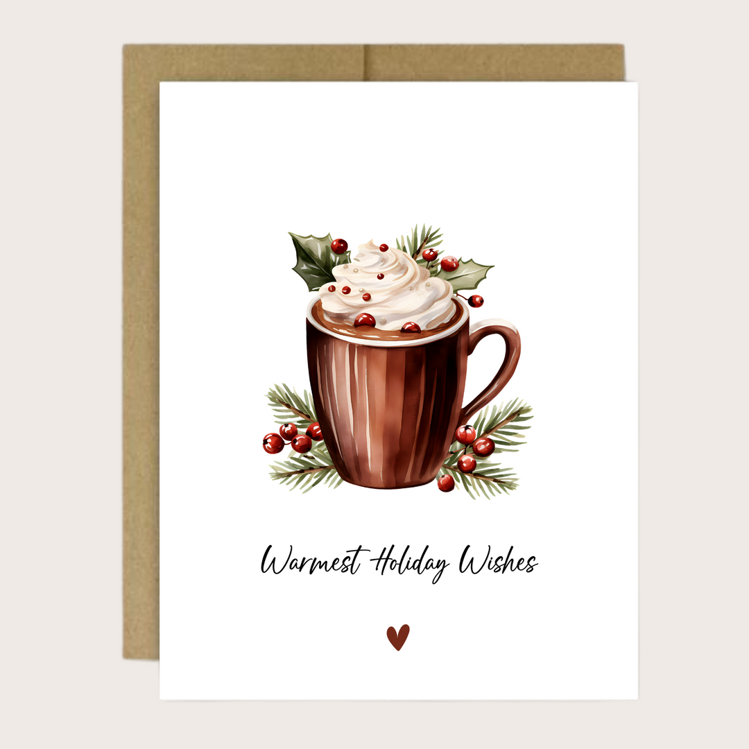 A greeting card with a hot chocolate cup and the sentiment "Warmest Holiday Wishes."