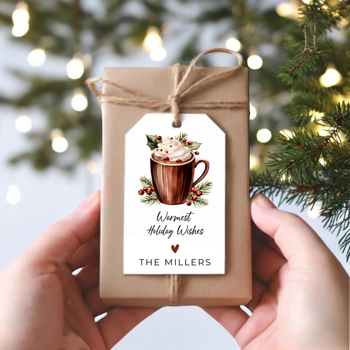 Christmas gift with hot cocoa gift tag.